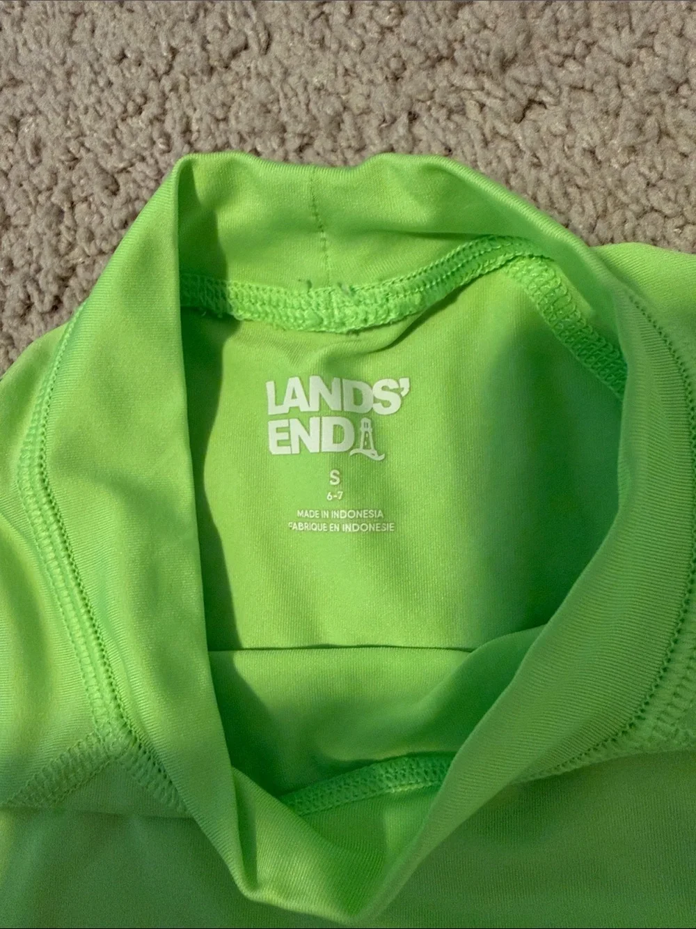Lands' End Neon Green Rash Guard with Navy Shark-Print Swim Trunks
